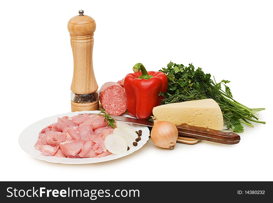 Fresh meat and different components isolated over white