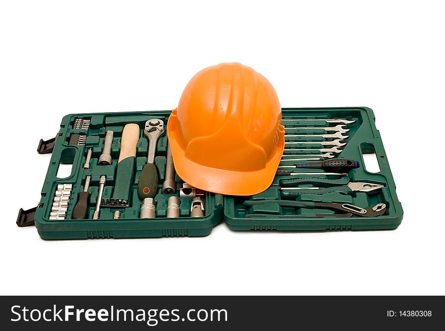 Box for tools a helmet isolated on white background