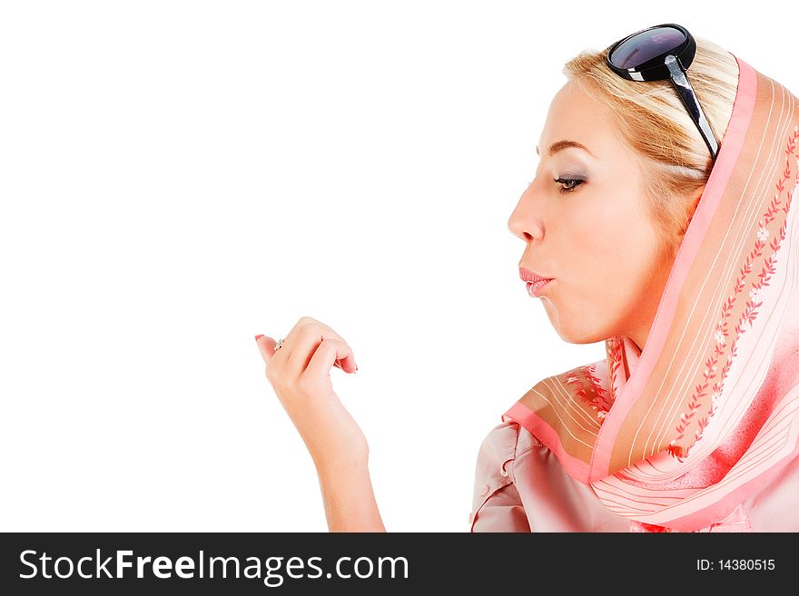 Picture of a young sweet pretty girl in scarf on white background.