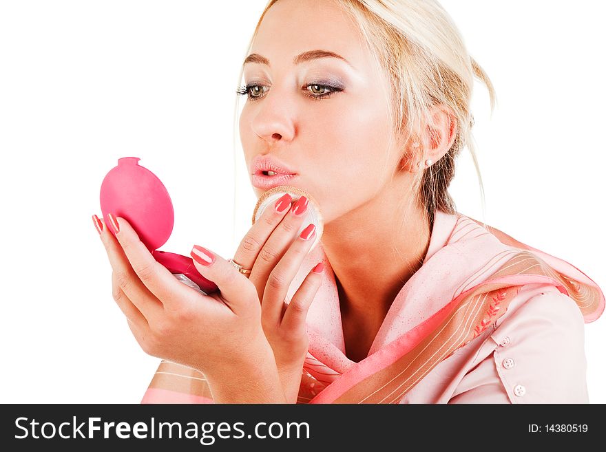 Picture of a young sweet pretty girl with powder box on white background.