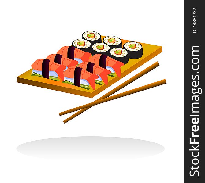 A wooden plate with sushi sea food and sticks on blank. A wooden plate with sushi sea food and sticks on blank