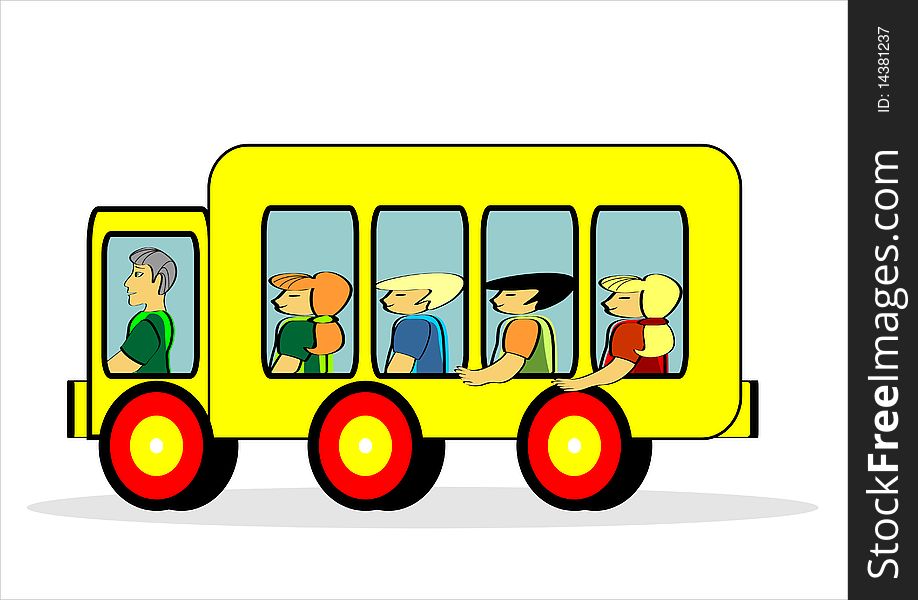 School bus and children. Children are carried in a yellow vehicle. A coach driver drives.