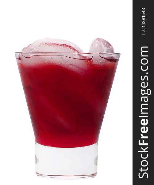 Red fruit juice in a glass with ice