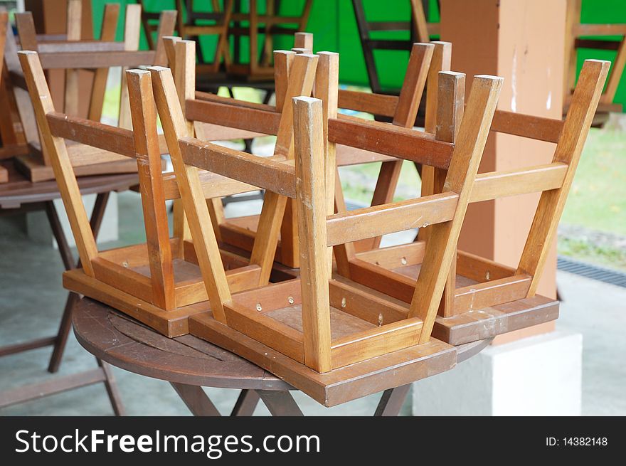 Close up of wooden chair at the canteen