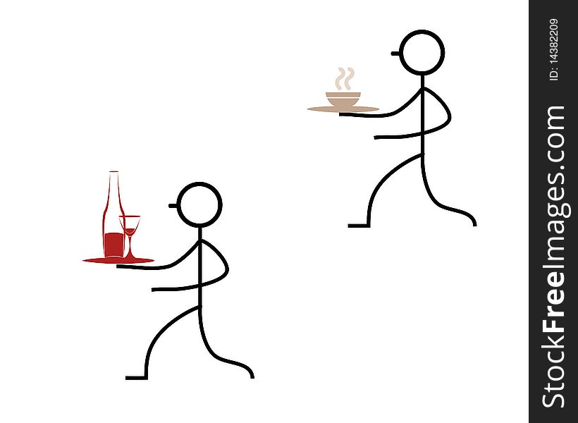 The waiter bears a cup of coffee and wine