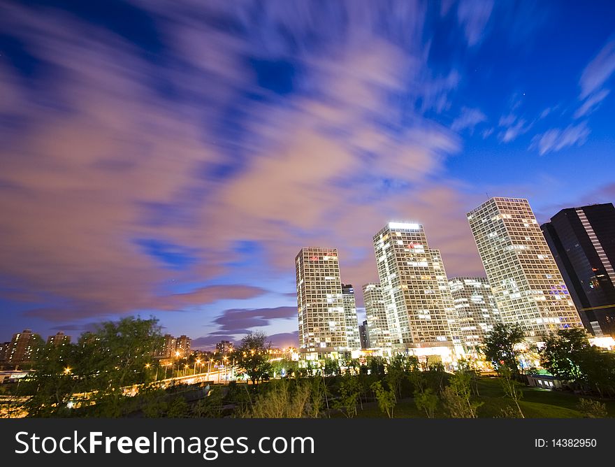 Office buildings in downtown Beijing at night