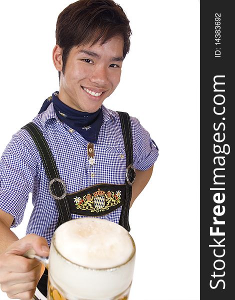 Happy Asian Man Holds Oktoberfest Beer Stein