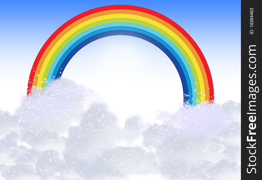 Rainbow with clouds at a gradient background. Cartoon image