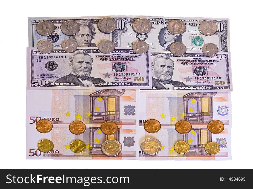 Dollar and denomination and coin euro isolated wite. Dollar and denomination and coin euro isolated wite