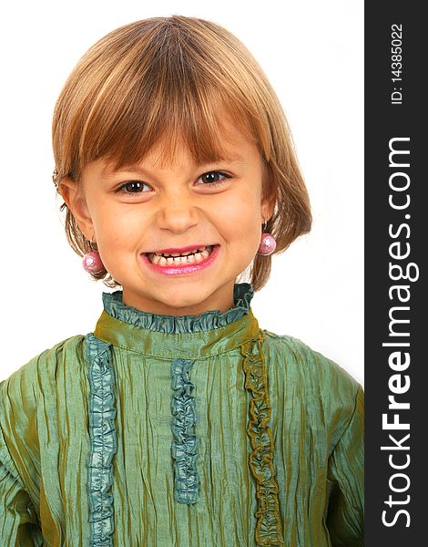 Little charming girl against white background. Little charming girl against white background