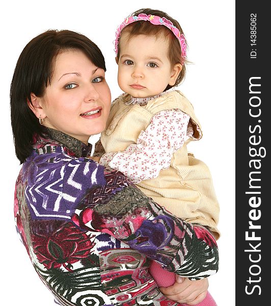 Happy mother with little daughter on white background