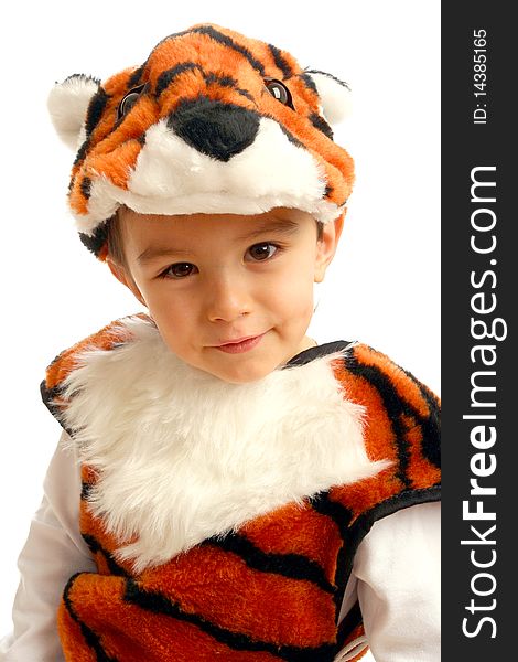 Little boy in fancy dress in the form of tiger on white background