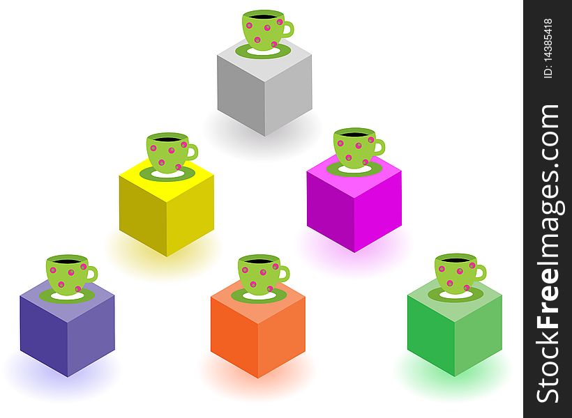 Cups and saucers stand on multi-coloured cubes