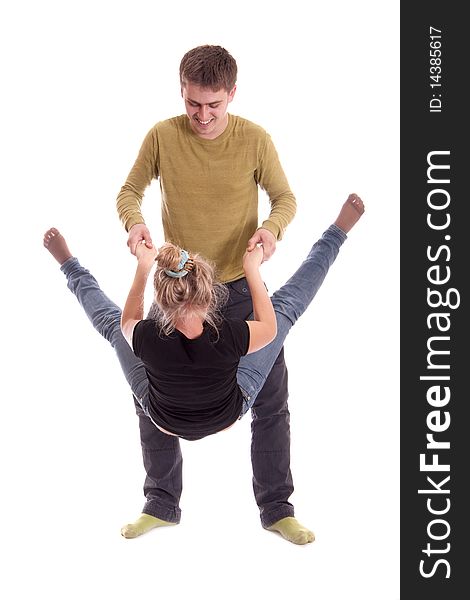 Shot in studio on white background, boy and girl have fun