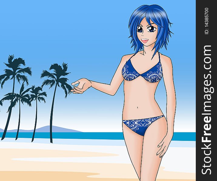 Illustration of a young girl with blue bikini