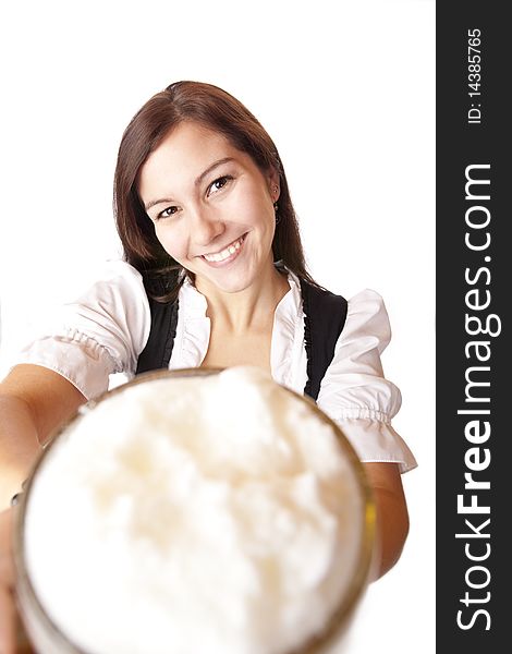 Beautiful and happy woman holding Oktoberfest beer stein. Isolated on white. Beautiful and happy woman holding Oktoberfest beer stein. Isolated on white.