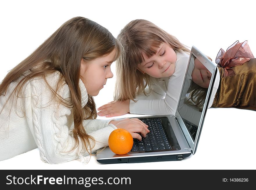 Girls With The Laptop On A White