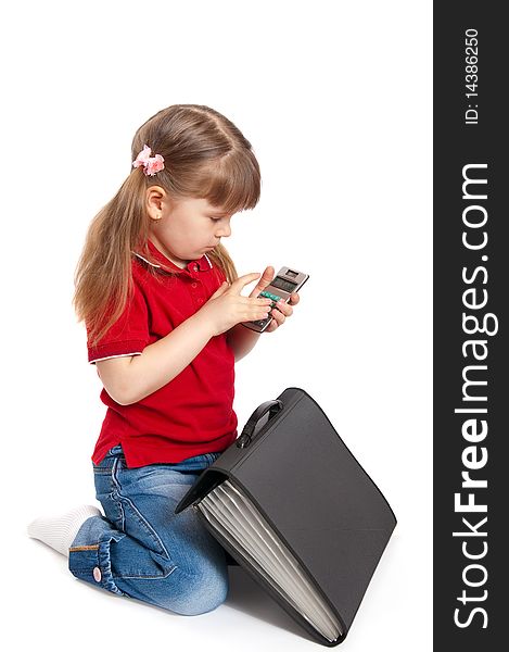 The girl with the calculator on a white background