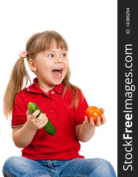 The girl with vegetables on the white background