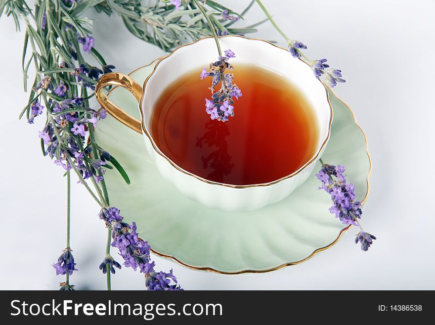 A Cup of tea and flowers of the lavender