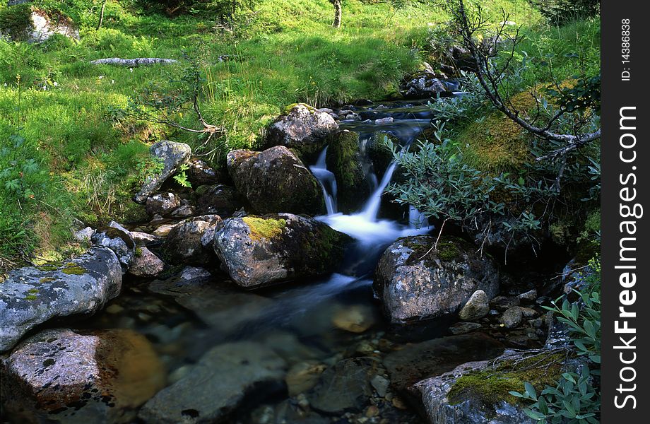 Mountain stream with rocks and green grass