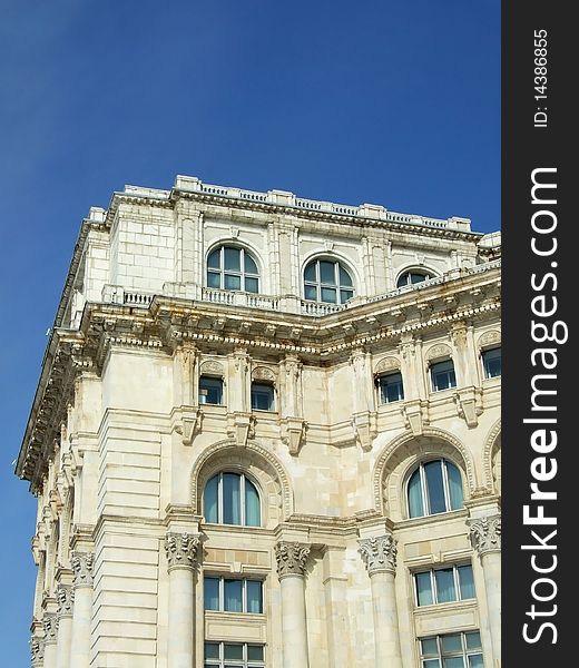 Architecture from the second large building in the world, Parliament Palace in Romania on blue sky