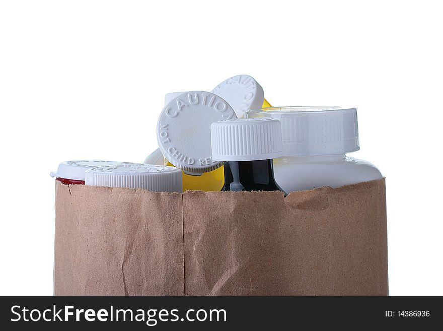Paper package full medical preparations on a white background.