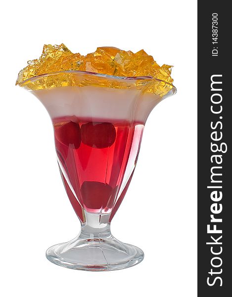 Yellow, red and white jelly in a glass. Yellow, red and white jelly in a glass