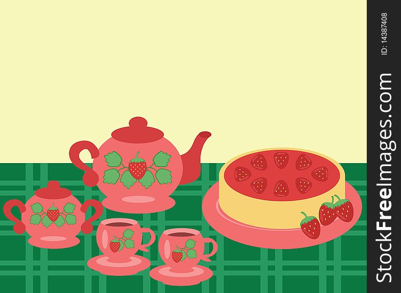 Kitchen illustration with strawberry pie