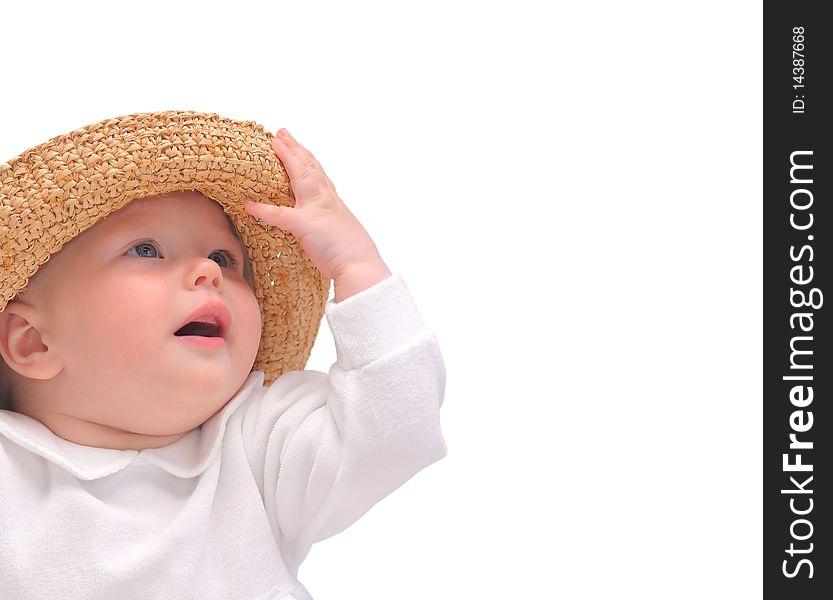Beautiful baby, straw hat, isolated on white. Beautiful baby, straw hat, isolated on white