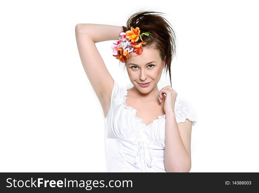 Young beautiful woman over white