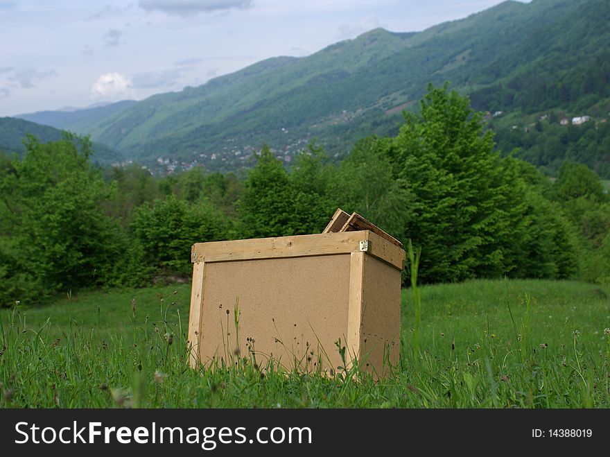 Transporting beehive on a mountains background