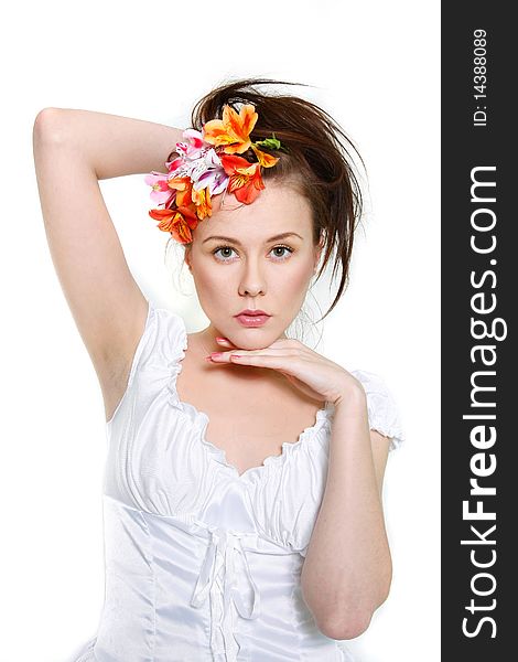 Young beautiful woman over white