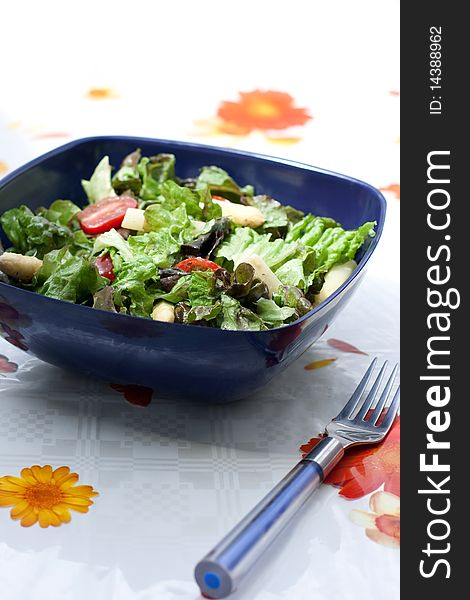 Bowl with vegetable salad on bright flower tablecloth. Bowl with vegetable salad on bright flower tablecloth