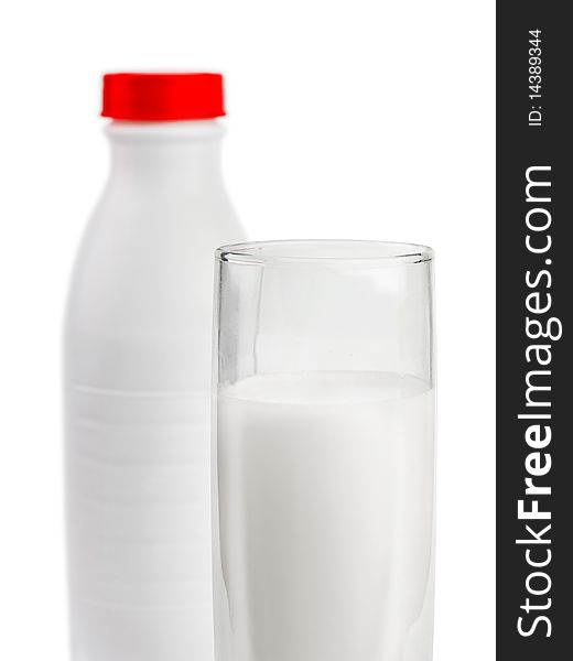 Milk bottle and glass isolated on white background