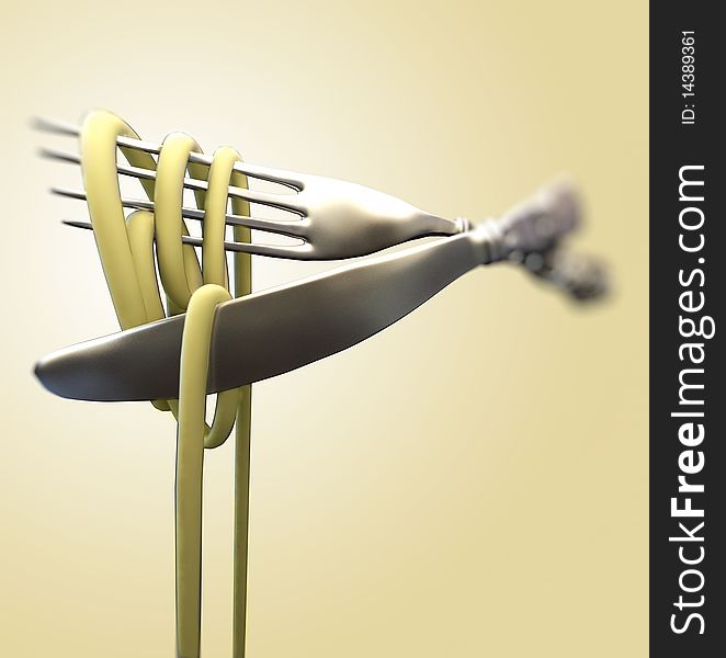Stylized illustration of a fork knife and noodle. Stylized illustration of a fork knife and noodle