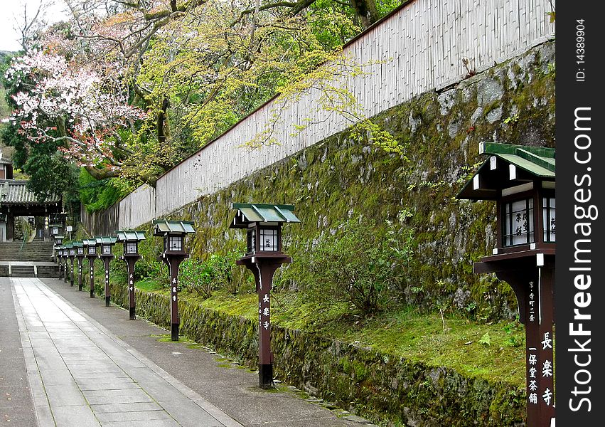 Beautiful Springtime Japan Lantern Lined Path to Temple