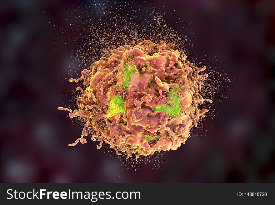 Destruction of cancer cell, 3D illustration. Concept of cancer treatment and prevention