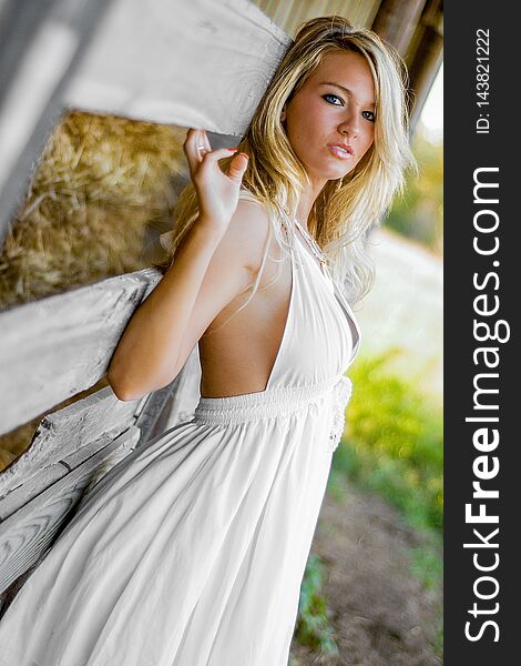 Blonde girl woman fashion model in sexy white dress shot around the barn on the farm - country girl farm girl or cowgirl with long blond hair. Blonde girl woman fashion model in sexy white dress shot around the barn on the farm - country girl farm girl or cowgirl with long blond hair