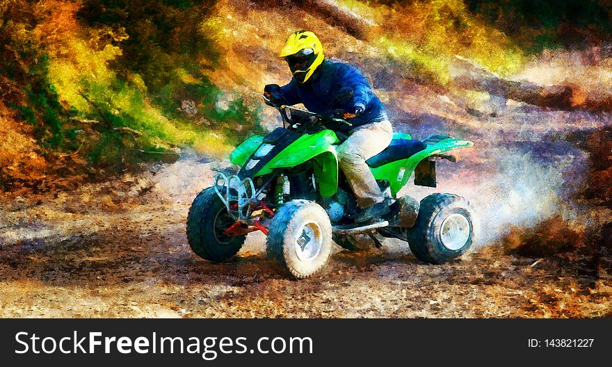 Racer with yellow helmet on green quad enjoying his ride outdoors. Computer painting effect.