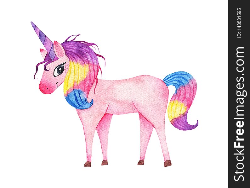 Watercolor Cute Magic Pink Unicorn With Horn Isolated On White Background