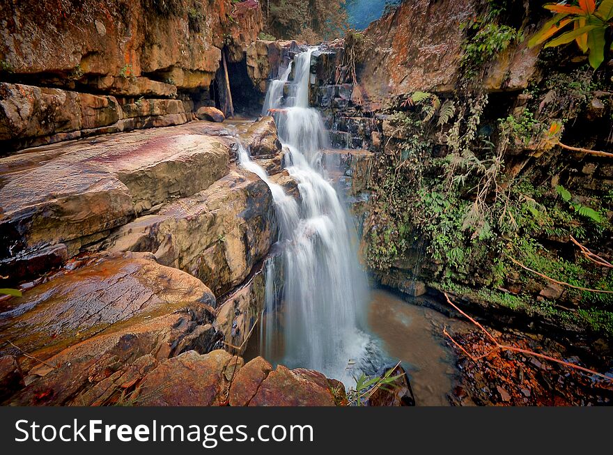 View of waterfall on slow shutter photography