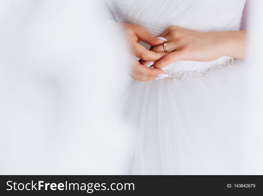 Engagement Ring With A Stone On The Gentle Bride`s Hand