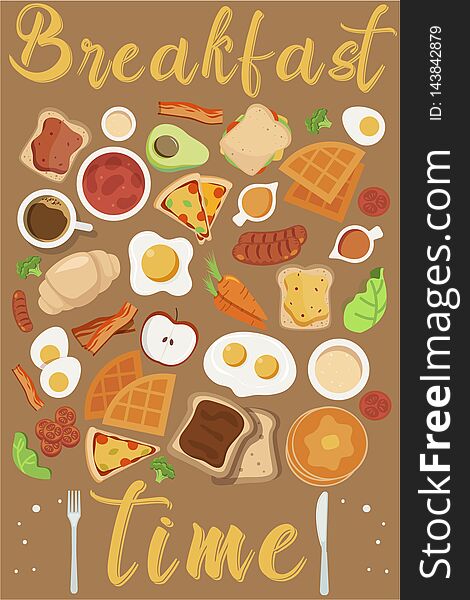 Vector breakfast concept set with food and drinks with flat icons in composition. Breakfast composition sandwich and omelette, juc