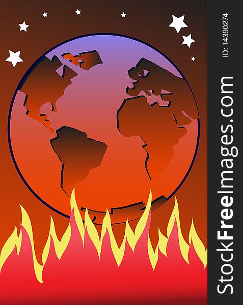 An image showing a reddish color Earth under which flames are burning high and heating up the Earth. An image showing a reddish color Earth under which flames are burning high and heating up the Earth