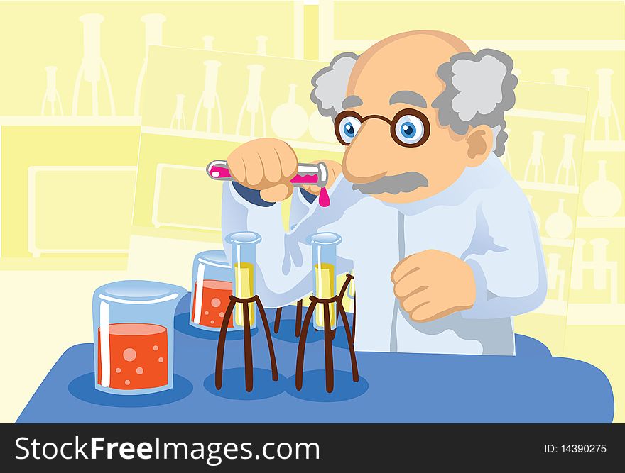 An image showing an elderly bespectacled scientist adding a chemical into a test tube in a laboratory. An image showing an elderly bespectacled scientist adding a chemical into a test tube in a laboratory