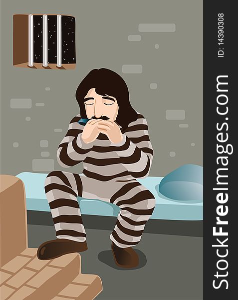 An image showing a male prisoner in prison uniform sitting on a bed in the cell and playing the harmonica. An image showing a male prisoner in prison uniform sitting on a bed in the cell and playing the harmonica