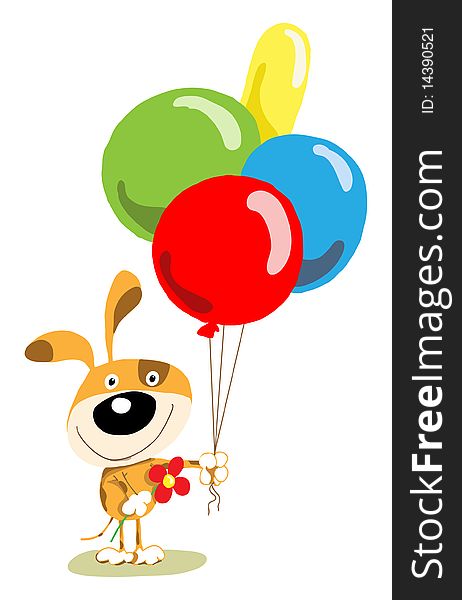 The doggie costs, smiles, holds balloons and a flower. The doggie costs, smiles, holds balloons and a flower
