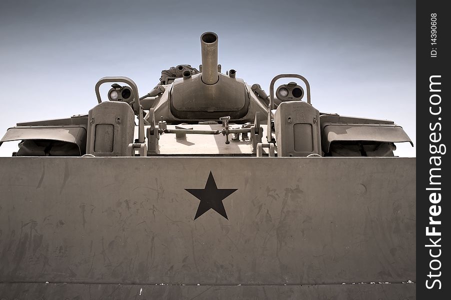 Low angle shot of an Army Bulldozer from the Vietnam era