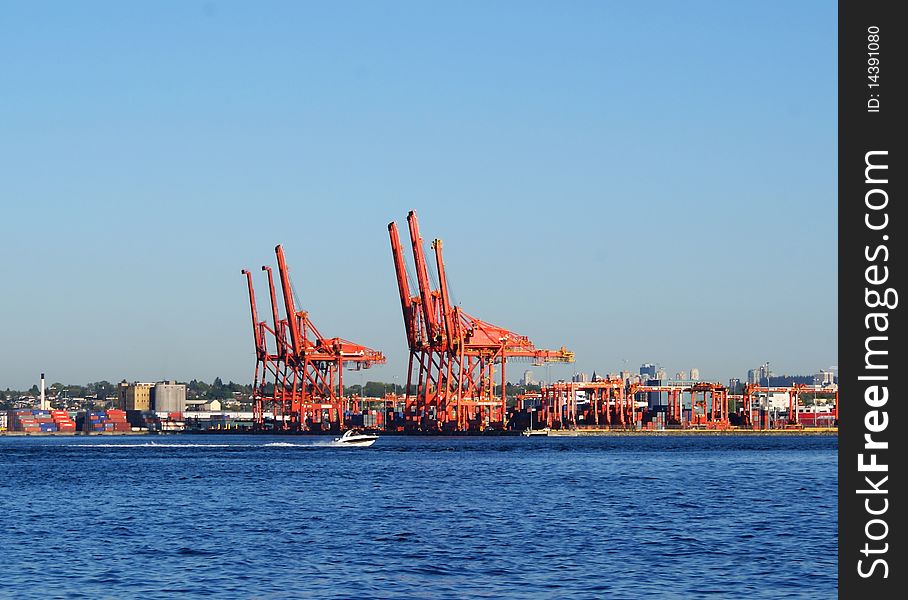 Red cranes in port of vancouver